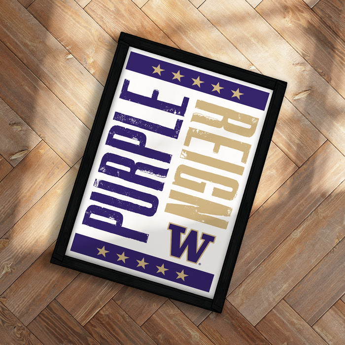 A framed poster with the text "Purple Reign" and a graphic design, placed on a wooden floor.