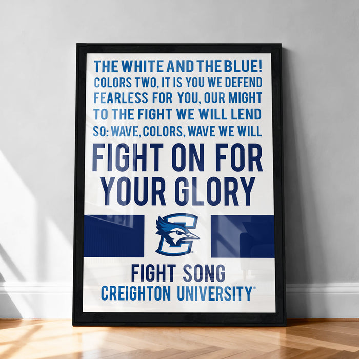 The image is a framed poster with a motivational message about fighting for one's glory, featuring the Creighton University logo.