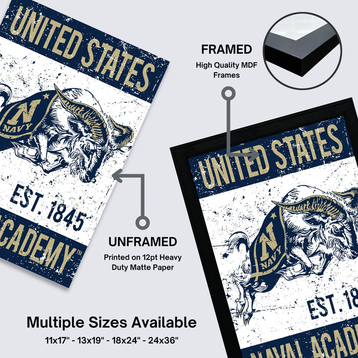 The image is a framed poster of the United States Navy Academy, featuring a navy seal and the text "UNITED STATES EST 1845 NAVY ACADEMY". The poster is framed and labeled as "FRAMED" and "High Quality MDF Frames". The poster is also described as "UNFRAMED Printed on 12pt Heavy Duty Matte Paper" and "Multiple Sizes Available 11x17 - 13x19 - 18x24 - 24x36".