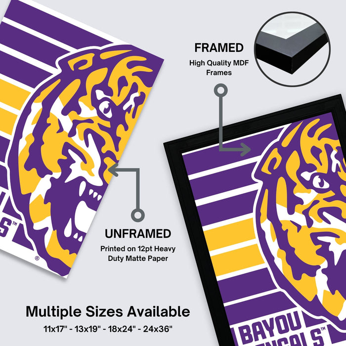 The image is a framed poster featuring the logo of the University of Louisiana at Lafayette (ULA). The poster is framed in high-quality MDF frames, and it is available in multiple sizes, including 11x17, 13x19, 18x24, and 24x36" frames.