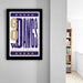 a framed poster with the text "GO DAWG" and "UNIVERSITY OF WASHINGTON" printed on it, hanging on a wall.