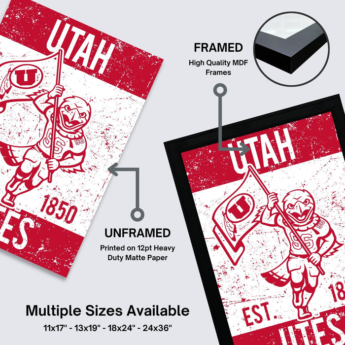The image is a framed poster featuring a graphic of a character holding a flag, with text and graphics related to the University of Utah.