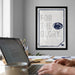 a person working on a laptop at a desk, with a framed poster of the Penn State University logo hanging on the wall behind them.
