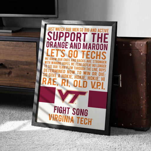 a framed poster with text and graphics related to Virginia Tech, a university.