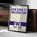 a framed poster with text and a logo, placed on a carpeted floor next to a wooden chest.