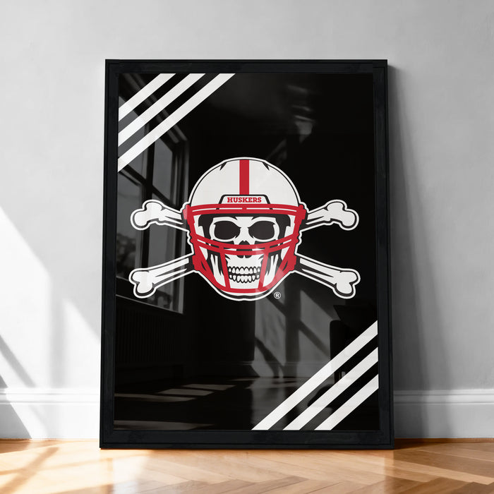 A framed poster featuring a skull wearing a football helmet with crossed bones, set against a black background with white stripes.