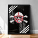 A framed poster featuring a skull wearing a football helmet with crossed bones, set against a black background with white stripes.
