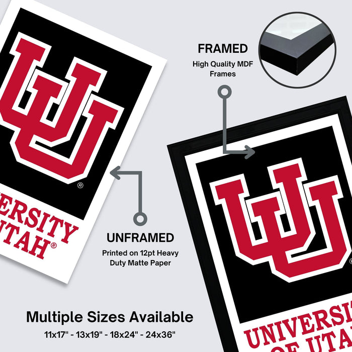 The image is a promotional poster for University of Utah, featuring the university's logo and text. It displays two framed and two unframed versions of the logo, along with a list of available sizes.