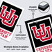 The image is a promotional poster for University of Utah, featuring the university's logo and text. It displays two framed and two unframed versions of the logo, along with a list of available sizes.