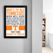 a framed poster with text and a logo, hanging on a wall in a room.