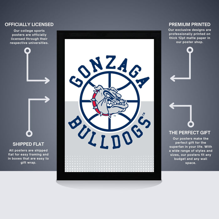The image is a collage of various images related to the Gonzaga Bulldogs, including their logo, a bulldog, and a basketball. The collage is labeled as " Officially Licensed" and " Premium Printed", indicating that the images are legally obtained and printed, and are of high quality. The collage is described as a "Shipped Flat" and "The Perfect Gift", suggesting that the images are packaged for mailing and are considered a thoughtful and valuable gift.