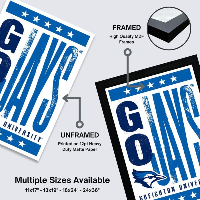 The image is a promotional poster for a university, featuring the university's name and logo in a blue and white color scheme. The poster is framed and unframed, with the framed version highlighting its high-quality MDF frames. The poster is available in multiple sizes, including 11x17, 13x19, 18x24, and 24x36 inches.