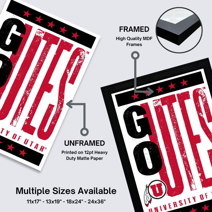 The image is a promotional poster for the University of Utah, featuring a large text design with red and black colors. The poster is framed and unframed, with the framed version labeled as "High Quality MDF Frames". The poster is available in multiple sizes, including 11x17" to 24x36" and 13x19" to 24x36", as well as a smaller size of 18x24" to 24x36".