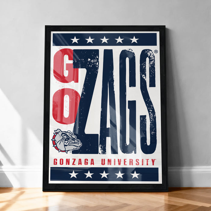 A framed poster with the text "GO ZAGS" and the logo of Gonzaga University.