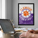 a framed poster of the Clemson Tigers basketball team on the wall, with a laptop and a coffee cup on a desk in the foreground.