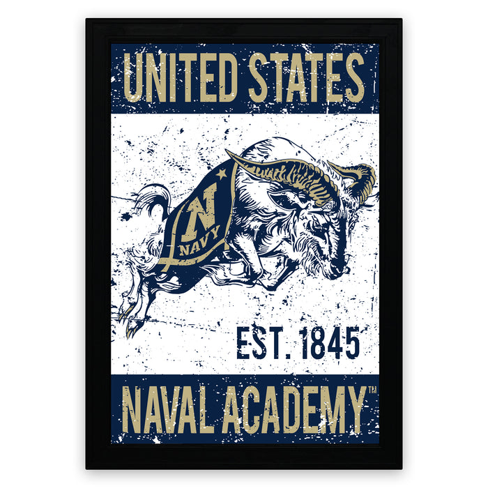 The image is a framed poster featuring a graphic of a bull with the text "United States Naval Academy" and "Est. 1845" below it.