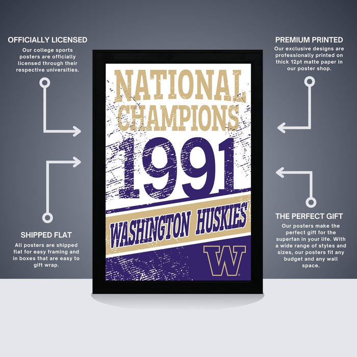 The image is a poster for the Washington Huskies' National Champions 1991. It features a graphic design with text and graphics, including arrows and a list of features. The poster is described as " Officially licensed" and "Premium printed", indicating that it is a high-quality, professionally printed poster. The poster is also described as "The perfect gift" and "Shipped flat", suggesting that it is a convenient and attractive gift option.