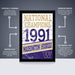 The image is a poster for the Washington Huskies' National Champions 1991. It features a graphic design with text and graphics, including arrows and a list of features. The poster is described as " Officially licensed" and "Premium printed", indicating that it is a high-quality, professionally printed poster. The poster is also described as "The perfect gift" and "Shipped flat", suggesting that it is a convenient and attractive gift option.