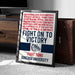 a framed poster with text and a logo, placed on a carpeted floor next to a wooden chest.