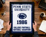 A framed poster with the text "Penn State University 1986 College Football National Champions" is being held by a person's hands, with a keyboard, coffee cup, and notebook visible in the background.