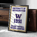 A framed poster celebrating the University of Washington's College Football National Champions from 1991, placed on a carpeted floor next to a wooden chest.