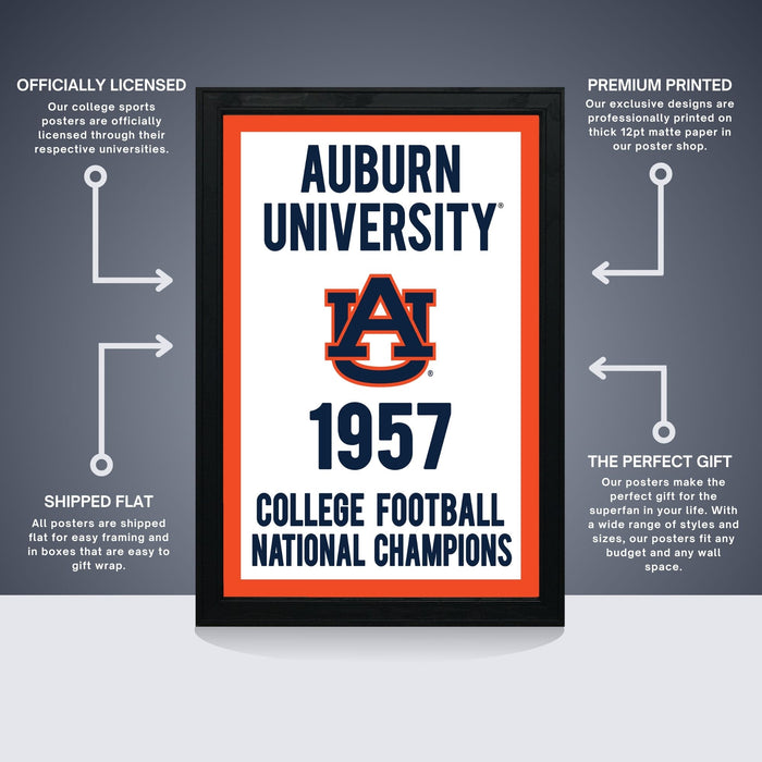 The image is an advertisement for Auburn University's College Football National Champions poster, featuring a framed poster with the Auburn University logo and text.
