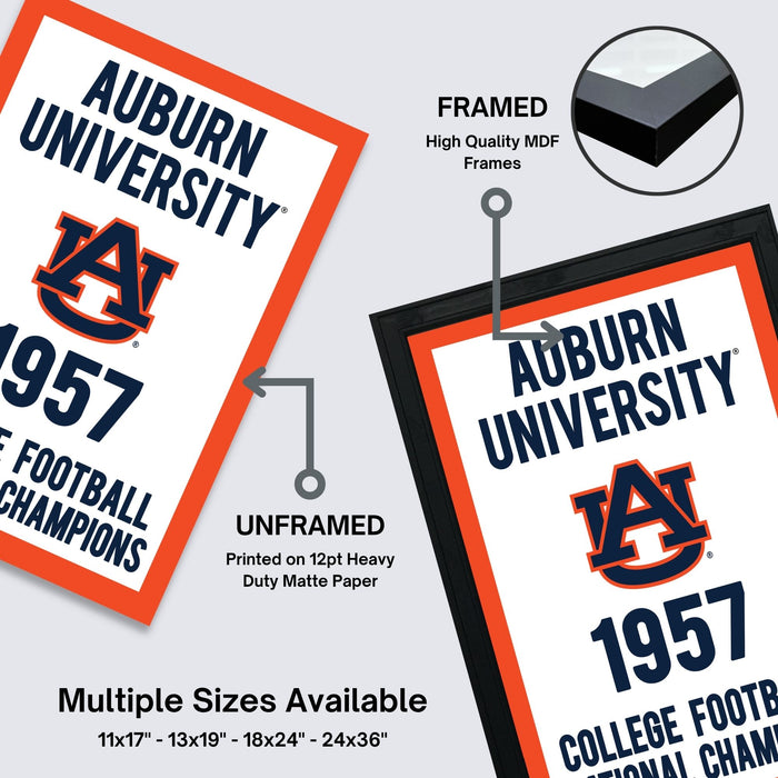 The image is a framed poster for Auburn University, featuring the university's football team and their championship history.