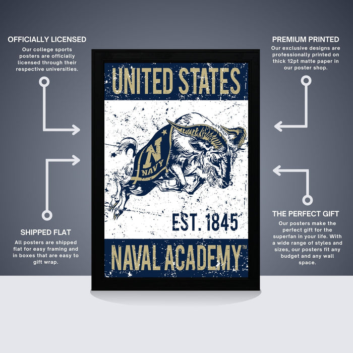 The image is a poster for the Naval Academy, featuring a graphic of a bull with the text "United States Navy" and "Est. 1845". The poster is described as " Officially licensed" and "Premium printed", indicating that it is a high-quality, professionally printed poster. The poster is also described as "The perfect gift" and "Shipped flat", suggesting that it is a convenient and attractive gift option.