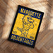 A framed poster featuring a yellow and blue design with a cartoon bird character, likely representing the Marquette University Golden Eagles.