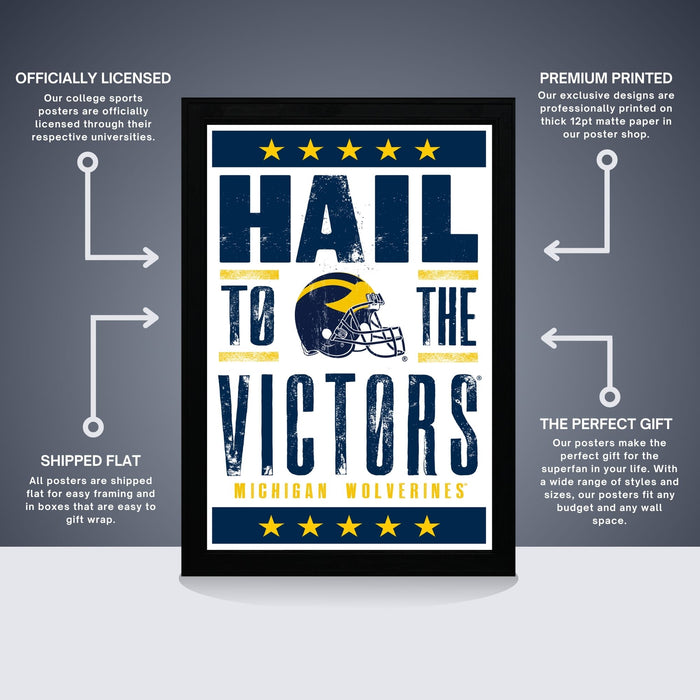 The image is a framed poster featuring the Michigan Wolverines football team, with a focus on the team's name and the phrase "Hail to the Victors". The poster is described as " Officially licensed" and "Premium printed", indicating that it is a high-quality, professionally printed poster. The poster is also described as "Shipped flat" and "The perfect gift", suggesting that it is a thoughtful and practical gift option.