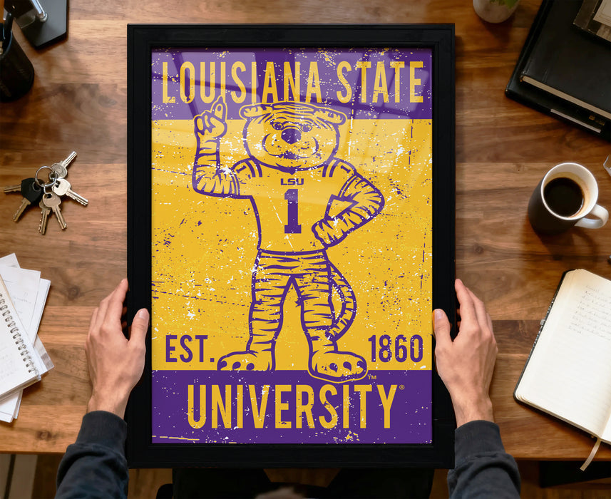 A framed poster of a tiger mascot from Louisiana State University, with the text "LOUISIANA STATE EST. 1860 UNIVERSITY" printed on it.