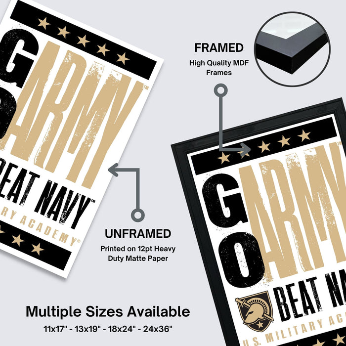 The image is a promotional poster for the U.S. Military Academy, featuring the text "GREAT NAVY" and "BEAT NOM" along with various sizes available for purchase.