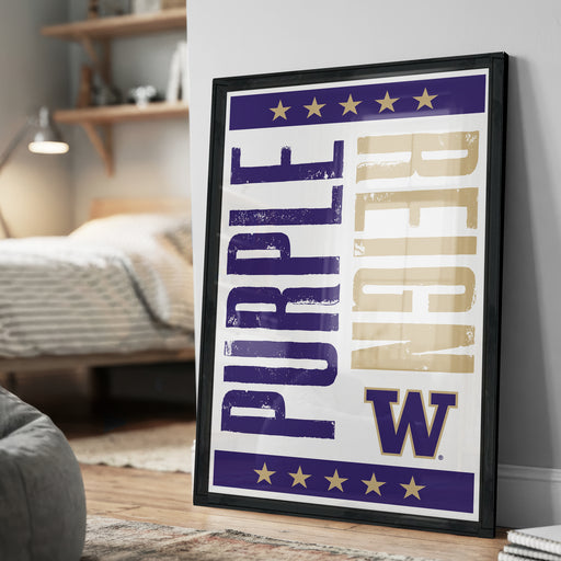 A framed poster with the text "Purple Reign" and the letter "W" is displayed on a wall in a bedroom.