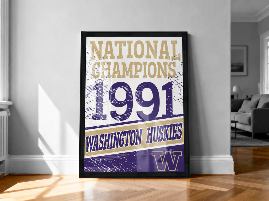 A framed poster on a wall celebrating the 1991 Washington Huskies' national championship victory.