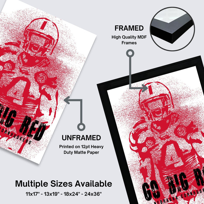The image is a framed poster featuring a red football player with the text "GO BIG RED" printed on it. The poster is framed in high-quality MDF frames, and it is available in multiple sizes, including 11x17" to 24x36" and 13x19" to 24x36" depending on the frame size.