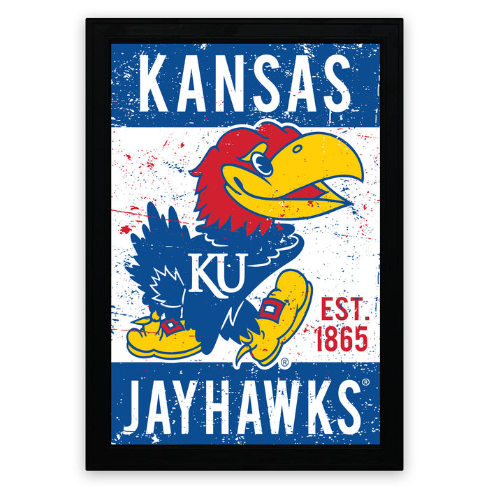 A framed poster featuring the Kansas Jayhawks, a Kansas football team, with a stylized illustration of the team's mascot.