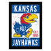 A framed poster featuring the Kansas Jayhawks, a Kansas football team, with a stylized illustration of the team's mascot.
