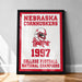 A framed poster celebrating the 1997 Nebraska Cornhuskers College Football National Champions, featuring the team's logo and the text "Nebraska Cornhuskers 1997 College Football National Champions".