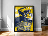 A framed poster of a football player in a yellow and blue uniform, with the text "MICHIGAN FOOTBALL" prominently displayed.