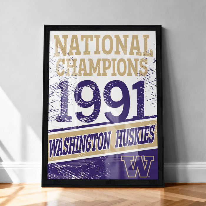 The image is a framed poster celebrating the 1991 national championship victory of the Washington Huskies.