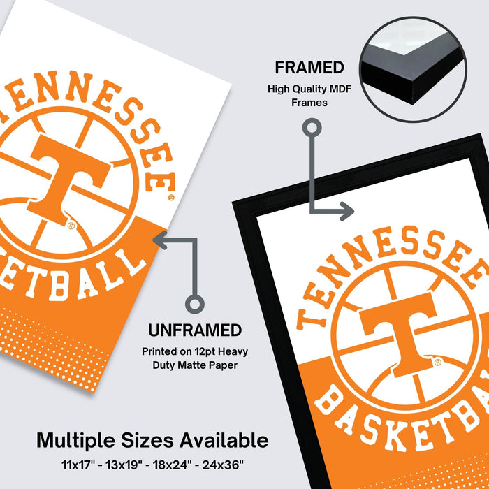 The image is an advertisement for framed and unframed prints of the Tennessee basketball team logo. It features two identical images of the logo, one framed and one unframed, along with text indicating the differences between the two options.
