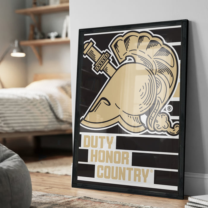 a framed poster with a stylized illustration of a helmet and the text "DUTY Honor Country" on it.