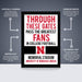 The image is a poster for the Memorial Stadium at the University of Nebraska Lincoln, featuring the text "THROUGH THESE GATES PASS THE GREATEST FANS IN COLLEGE FOOTBALL."