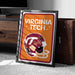 A framed poster of a Virginia Tech football helmet is displayed on a carpeted floor next to a wooden chest.