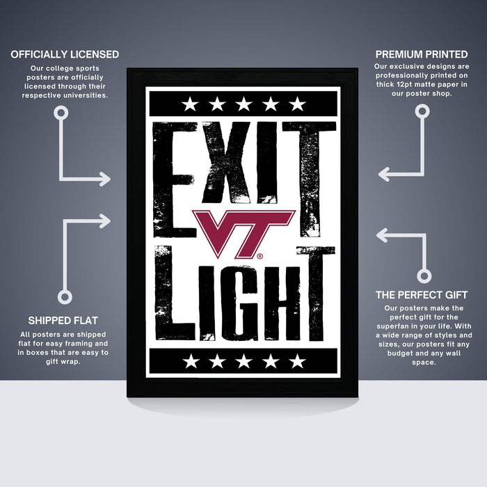 The image is a poster featuring the text "EXIT LIGHT" in large, bold letters, with a star symbol above it. The poster is described as "OFFICIALLY LICENSED" and "PREMIUM PRINTED", indicating that it is a high-quality, professionally printed poster. The poster is also referred to as a "SHIPPED FLAT" and "THE PERFECT GIFT", suggesting that it is a gift item that is easy to ship and offers a perfect gift for the recipient.