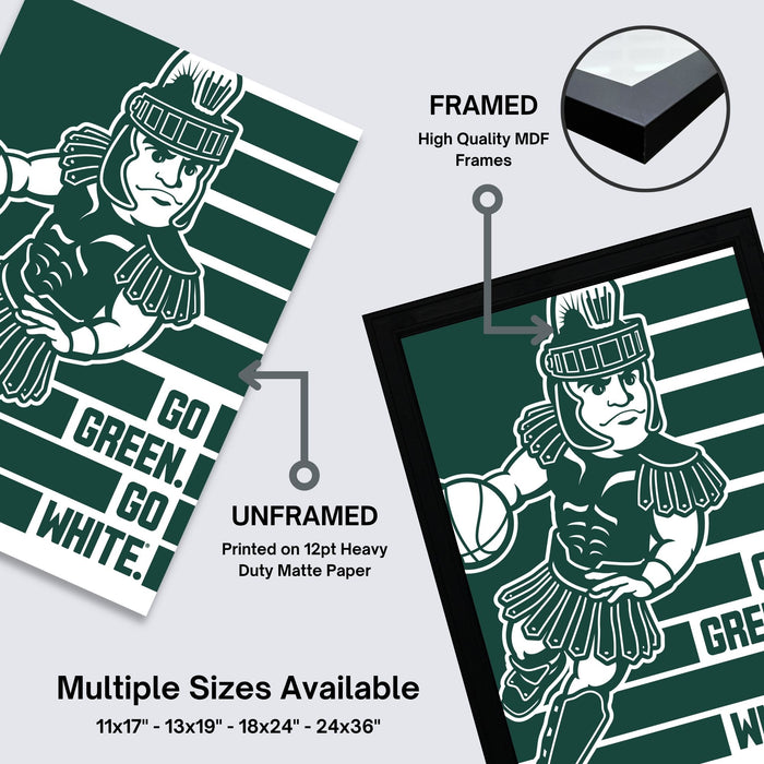 The image is a framed poster featuring a green and white illustration of a character, likely representing a sports team or mascot. The poster is framed in high-quality MDF frames, and the text "FRAMED" indicates that it is a framed print. The poster is available in multiple sizes, including 11x17, 13x19, 18x24, and 24x36" dimensions.