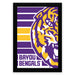 a framed poster with a stylized tiger's head design in shades of purple and yellow, along with the text "BAYOU BENGALS" prominently displayed.