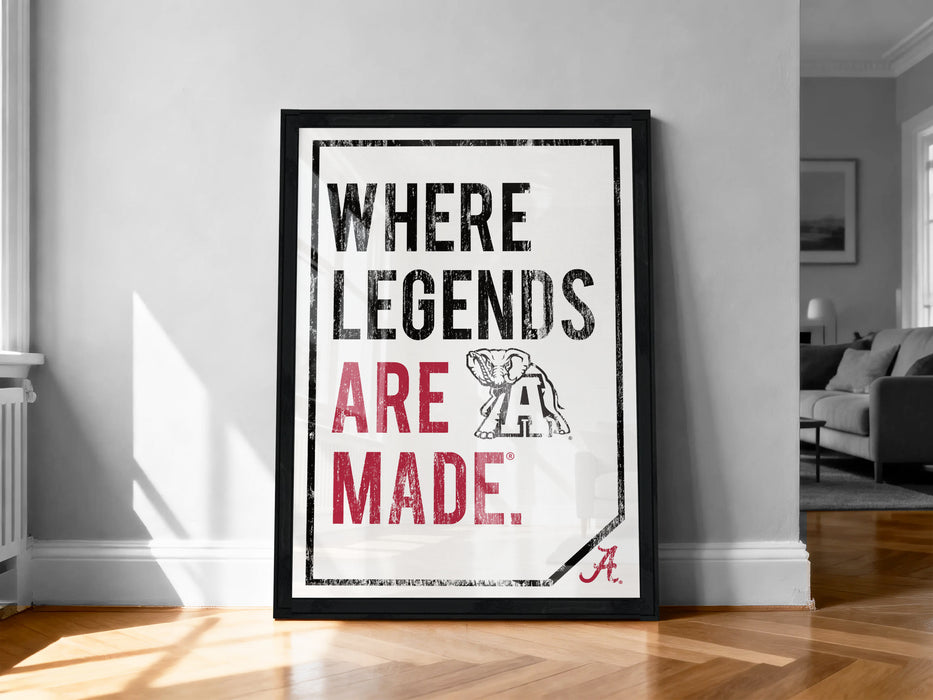 A framed poster with the text "WHERE LEGENDS ARE MADE" and an illustration of an elephant.