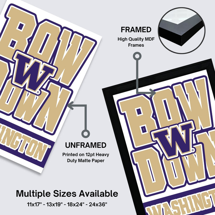 The image is a promotional poster for a college or university, featuring the name 'BOW down' in large letters. It is framed and unframed, with the framed version highlighting its high quality and the unframed version emphasizing its printed on 12pt heavy duty matte paper. The poster is available in multiple sizes, including 11x17 - 13x19" - 18x24" - 24x36", and the text indicates that the poster is a collage of multiple images.