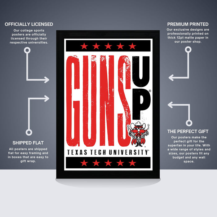 The image is a poster for Texas Tech University, featuring the text "GUNS UP" in bold red and black letters, with a red star above the "U". The poster is described as " Officially licensed" and "Premium printed", indicating that it is a high-quality, professionally printed poster. The poster is also described as "Shipped flat" and "The perfect gift", suggesting that it is a thoughtful and practical gift for college students.